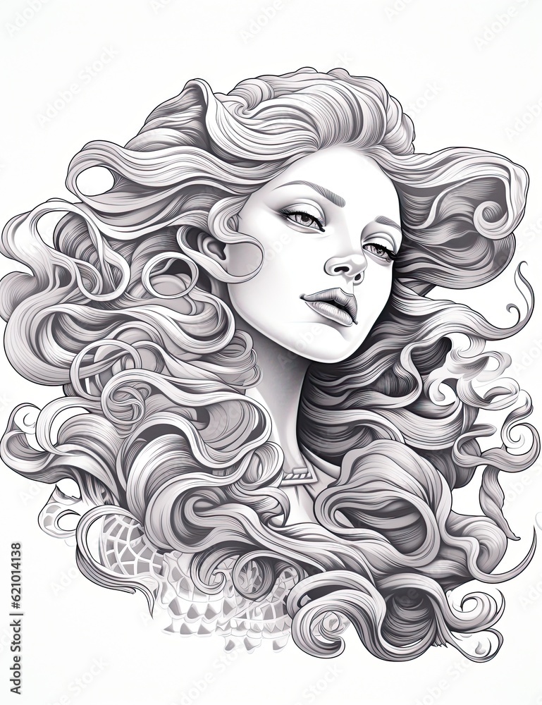A drawing of a woman with long hair. Generative AI. A drawing of a woman with long hair. Generative AI.