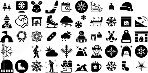 Big Set Of Winter Icons Pack Black Cartoon Pictogram Symbol, Day, Dried, Icon Pictograph Vector Illustration