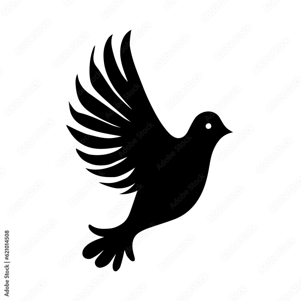 Fototapeta premium Dove vector illustration, silhouette in black. A symbol of peace. Icon, logo, print, postcard, sublimation, sticker, clipart, single element, bird