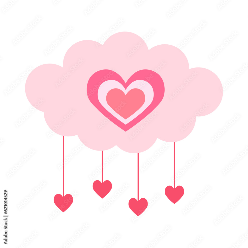 Cute vector illustration of heart on cloud in flat style. Icon, logo, print, postcard, sublimation, sticker, clipart, love, valentine's day, pink color