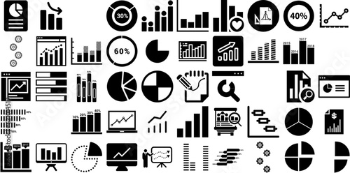 Mega Collection Of Graph Icons Collection Linear Cartoon Symbols Icon, Curve, Magnifier, Tablet Pictogram Isolated On White Background