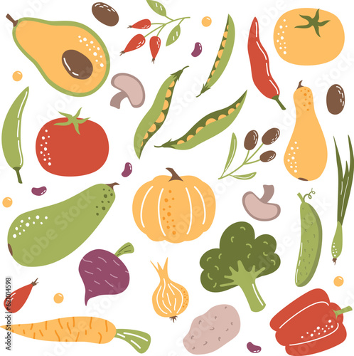 Vector Illustration Collection. Different vegetables on a white background. Zucchini pumpkin avocado peas beans onions potatoes carrots tomato pepper mushrooms broccoli olives rose hips beets . Vector
