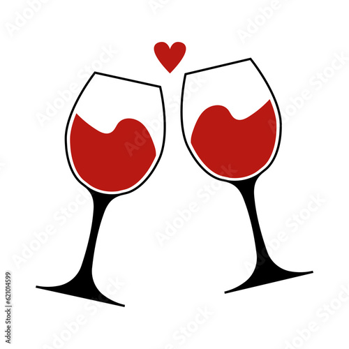 Wine glasses illustration. Two black glasses with red wine, flat. Sublimation, print, logo, icon