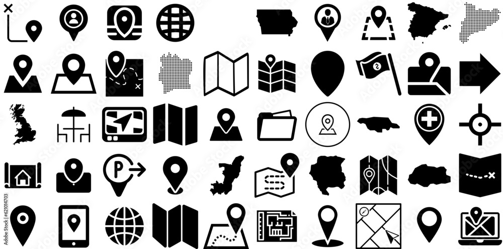 Massive Set Of Map Icons Set Hand-Drawn Isolated Simple Web Icon Mark, Three-Dimensional, Pointer, Orientation Illustration For Apps And Websites