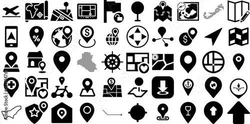 Massive Set Of Location Icons Bundle Solid Modern Silhouette Pointer, Navigator, Geolocation, Orientation Doodle Isolated On Transparent Background photo