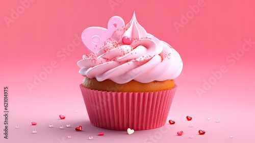 Pink background for Valentines Day. cupcake with vanilla flavor with a crimson heart on top. made using generative AI tools