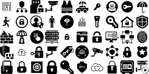 Mega Set Of Security Icons Bundle Hand-Drawn Linear Modern Glyphs Tool, Mark, Set, Person Pictogram Isolated On Transparent Background