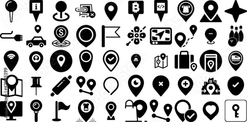 Massive Set Of Pin Icons Bundle Hand-Drawn Solid Drawing Pictograms Circus, Icon, Symbol, Pointer Silhouette Isolated On White