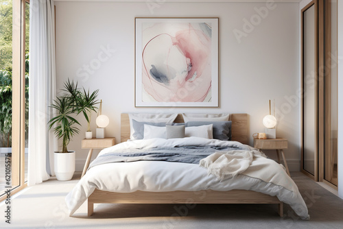 Fototapeta Scandinavian interior design of modern bedroom with big art poster frame.