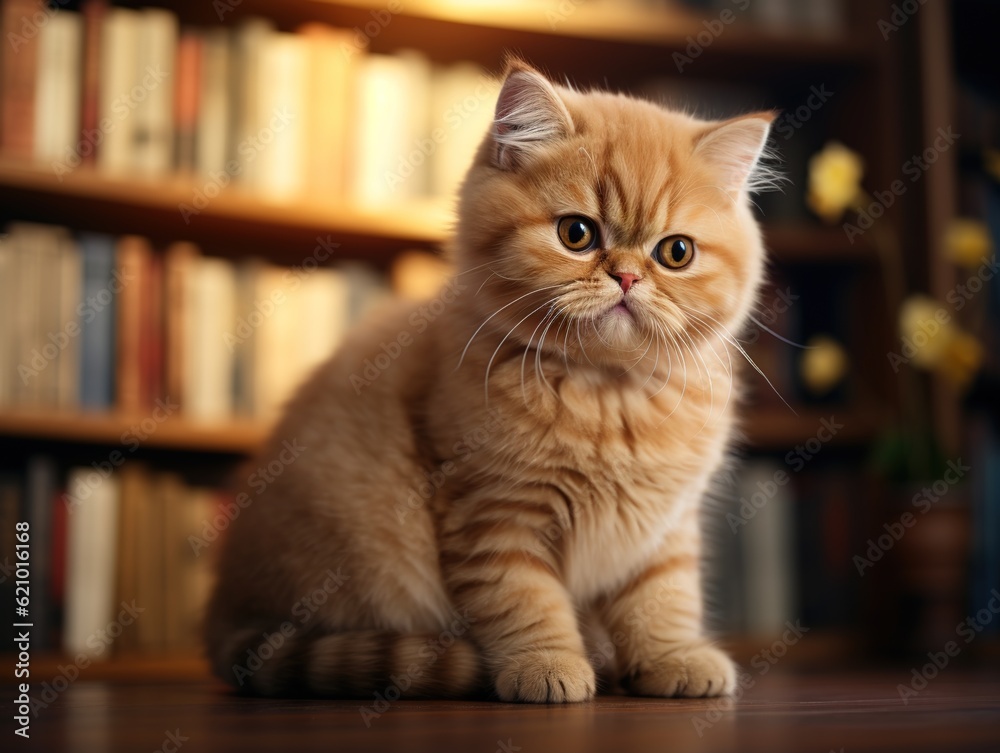 Exotic Shorthair Cat sitting on a bookshelf (Generative AI)