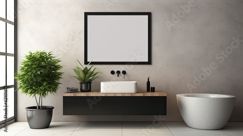 A mockup picture frame above a bathroom sink on a beautiful wall  complete with a planter and nice floor furniture.