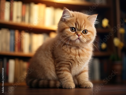 Exotic Shorthair Cat sitting on a bookshelf (Generative AI) © Simone