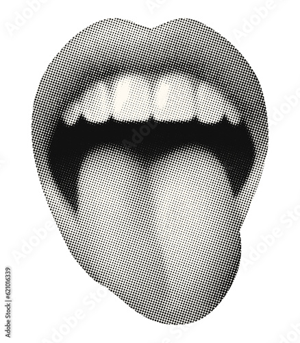 mouth with tongue out isolated halftone dotted texture crazy grunge collage element vintage magazine style