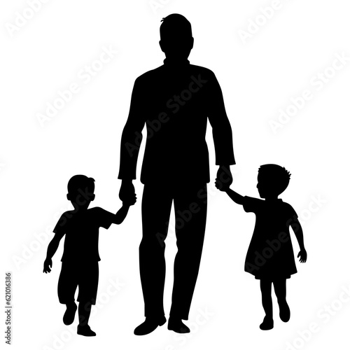 Father with son and daughter walking silhouette. Vector illustration