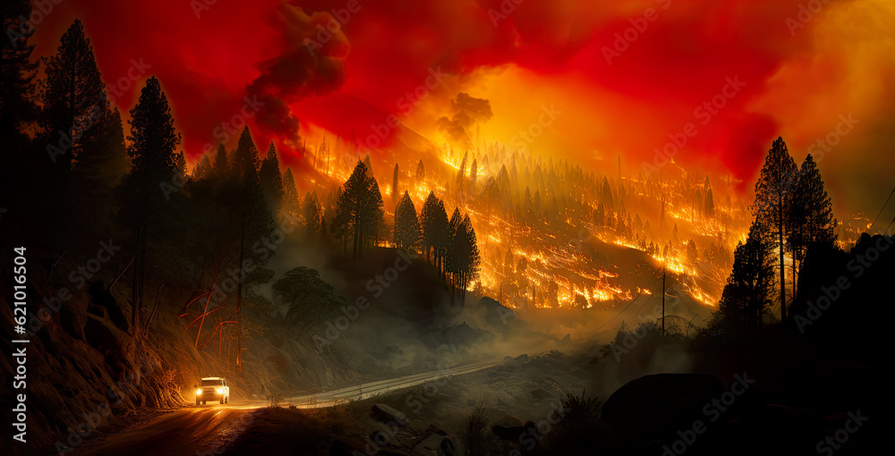 A wildfire, forest fire, burning forest disaster.