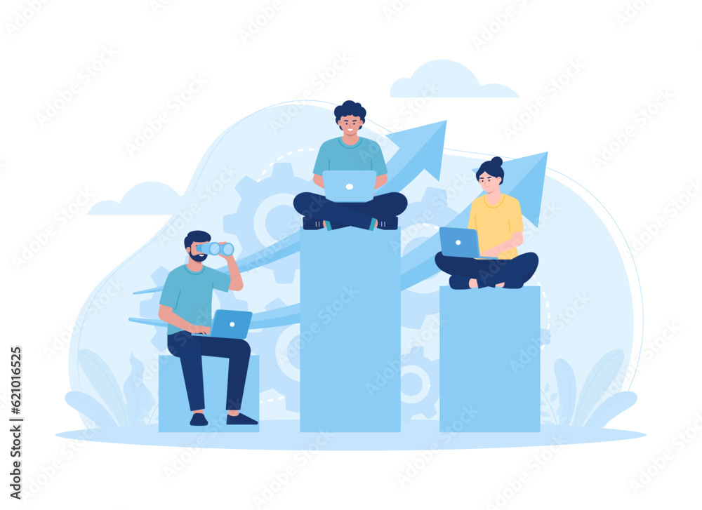 People analyzing business graph sitting on charts trending concept flat illustration