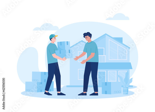Orders are delivered to the house, couriers deliver orders trending concept flat illustration