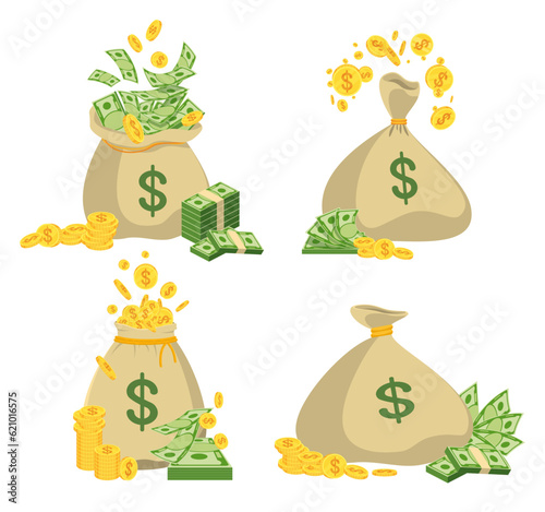 Money bag with money set. Dollar coins and banknotes.