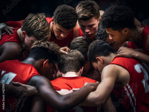 High School Basketball Players Huddled up for a Team Talk | Generative AI