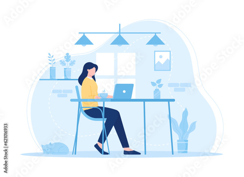 A woman work from home trending concept flat illustration