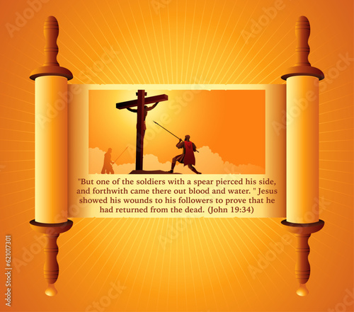 Lance of Longinus, Longinus the Roman soldier stabbed Jesus in the side illustration on old scroll, biblical vector illustration series, vector illustration photo