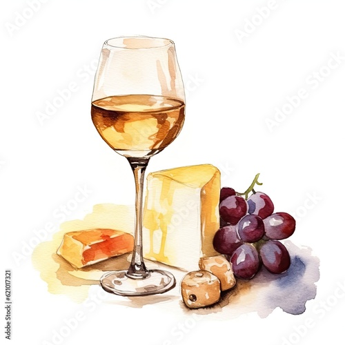 Watercolor style, white wine in glass, grape, cheese platter isolated on white background. illustration. Generative AI.