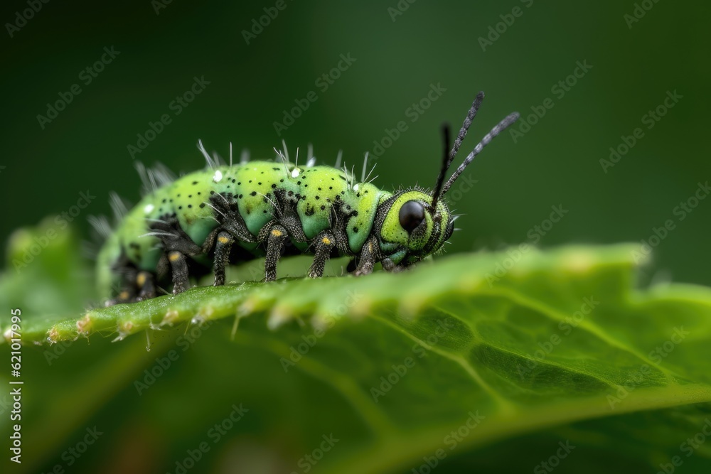A macro nature shot with a green backdrop shows a frontal view of an adult Acherontia atropos caterpillar on a potato plant limb. A macro nature shot with a green backdrop shows a frontal view of an adult Acherontia atropos caterpillar on a potato plant limb.