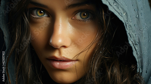 Close-up portrait of a beautiful young woman with a hood on her head.