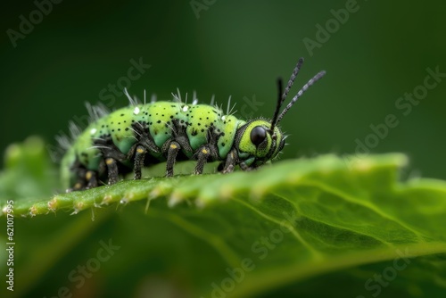 A macro nature shot with a green backdrop shows a frontal view of an adult Acherontia atropos caterpillar on a potato plant limb.