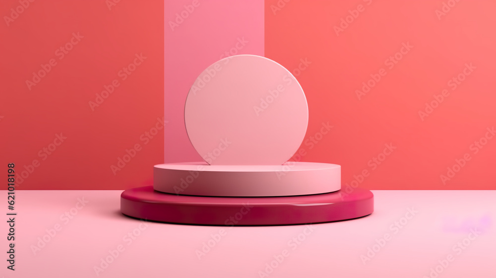 Simple round podium on pink and red monochromatic background. Product pedestal for product showcase. Generative AI. Simple round podium on pink and red monochromatic background. Product pedestal for product showcase. Generative AI.