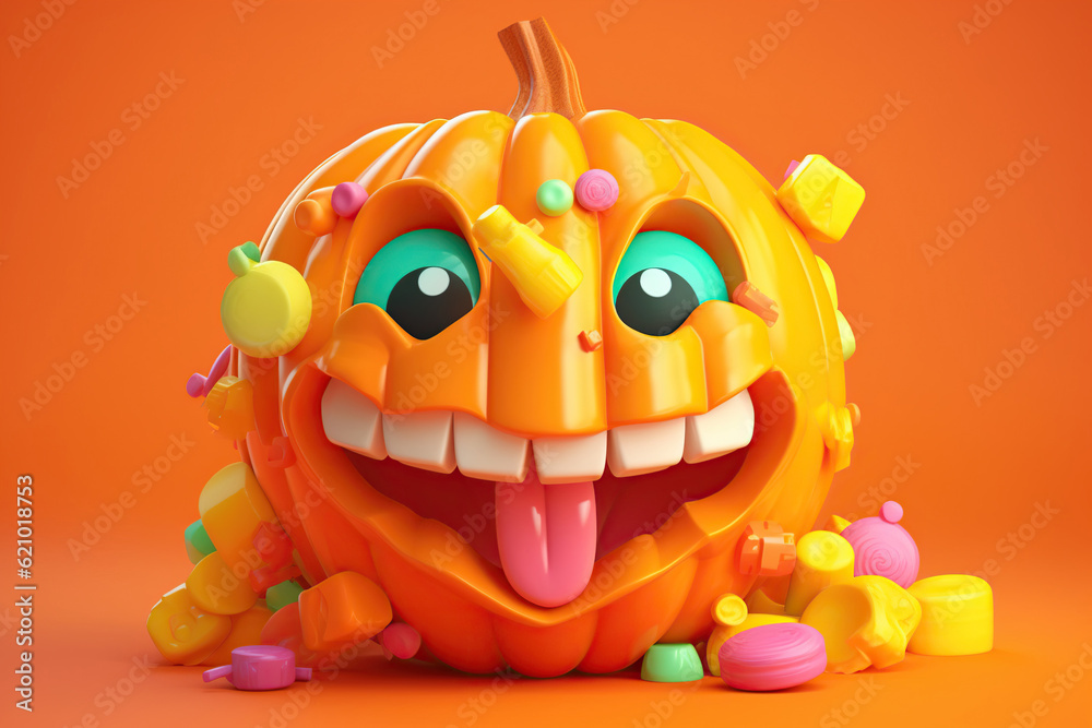 Fototapeta premium Cartoon halloween pumpkin with candies on orange background, trick or treat, Jack-o'-lantern, AI Generative.