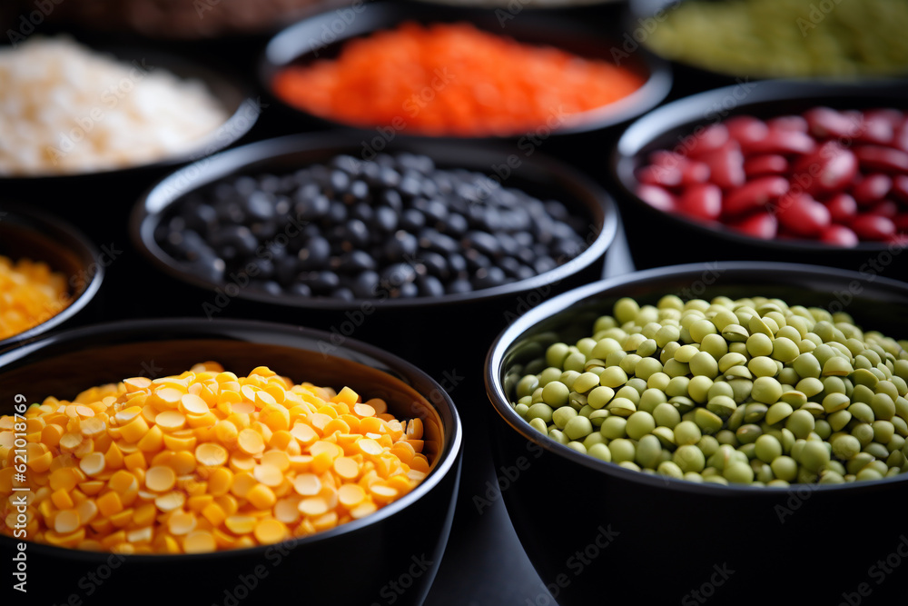 colorful legumes and cereals in black bowls, generative ai colorful legumes and cereals in black bowls, generative ai