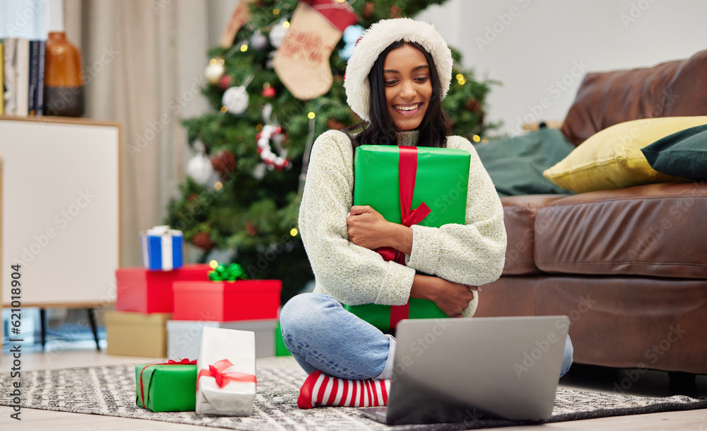 Woman, Christmas present and laptop, video call and celebrate holiday, happiness and communication. Virtual conversation, contact on pc and female person at home with gift giving, package and smile Woman, Christmas present and laptop, video call and celebrate holiday, happiness and communication. Virtual conversation, contact on pc and female person at home with gift giving, package and smile