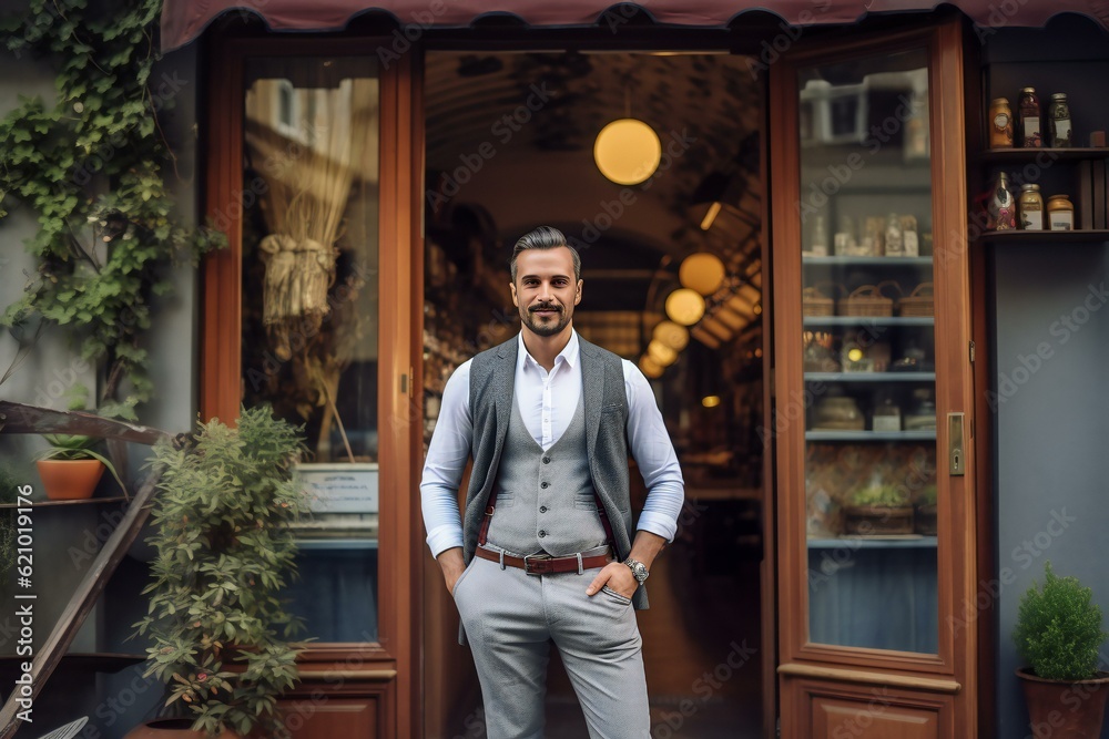 Successful male owner standing at the café entrance. Coffee shop owner. Generative AI