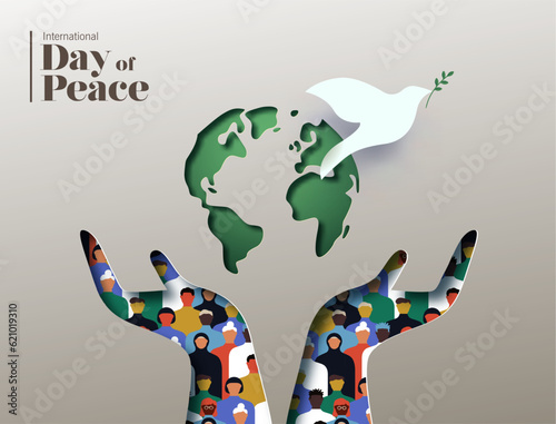 International day of peace, dove, earth planet and diverse people in papercut design