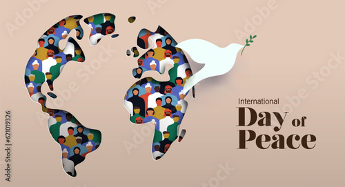 International day of peace world map, diverse people and dove symbol papercut card design