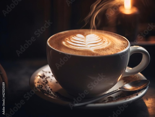 Steaming Coffee Cup with Latte Art Close-Up AI Generated