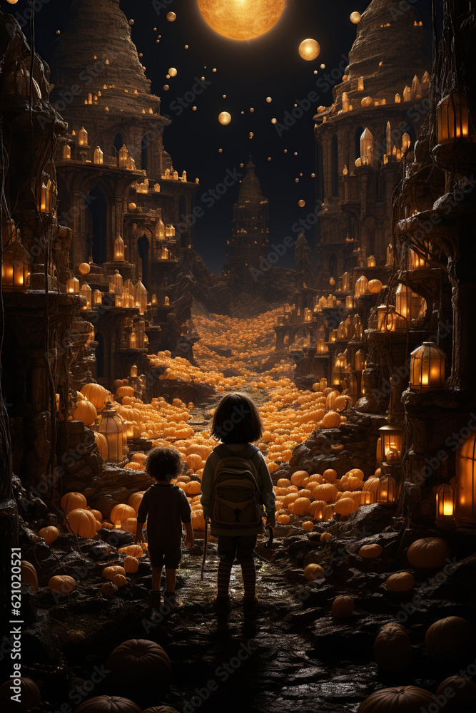 Children stand with many halloween jack-o'-lanterns pumpkins outdoor, horror trick or treat on Halloween night. Scary creepy street, Halloween spooky background, AI Generative..
