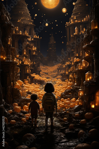 Children stand with many halloween jack-o'-lanterns pumpkins outdoor, horror trick or treat on Halloween night. Scary creepy street, Halloween spooky background, AI Generative.. © Viktoriia