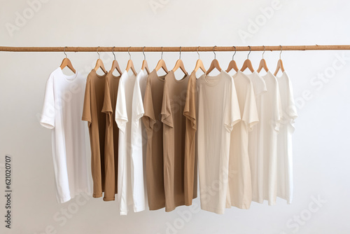 Simple elegant organic cotton t-shirts on hangers hanging on tree branch wood rack. Zero waste recycled material sustainability concept