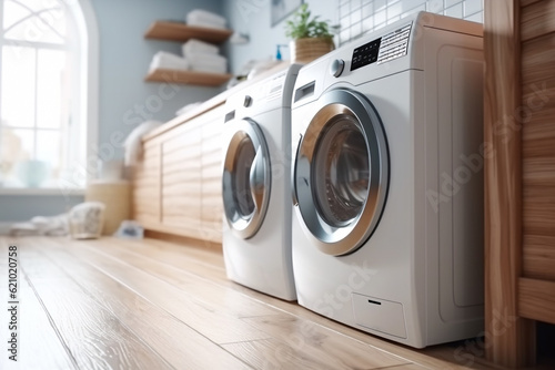 Laundry room in a house. Close up low angle shot of a washing machine and a dryer, interior. Housekeeping balance between home and work concept