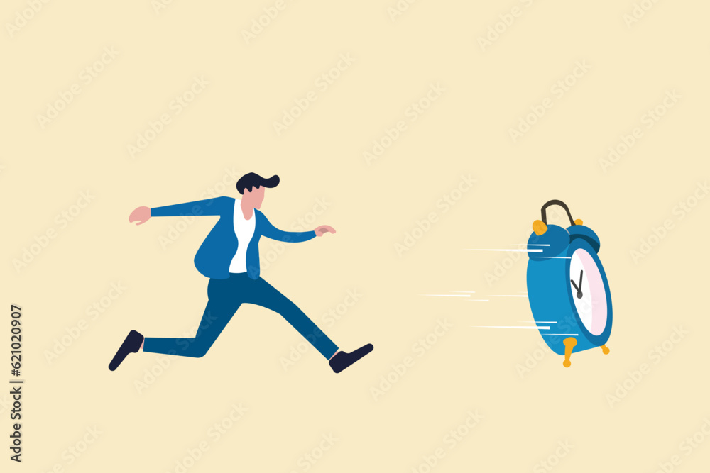 Businessman run follow the clock, concept of frustrated, deadline, and hurry up to finish work