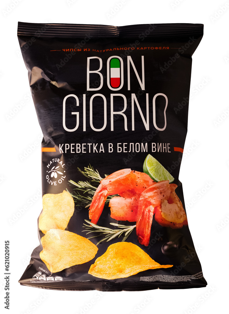 Potato chips Bon Giorno with shrimp flavor in white wine. Isolated ...