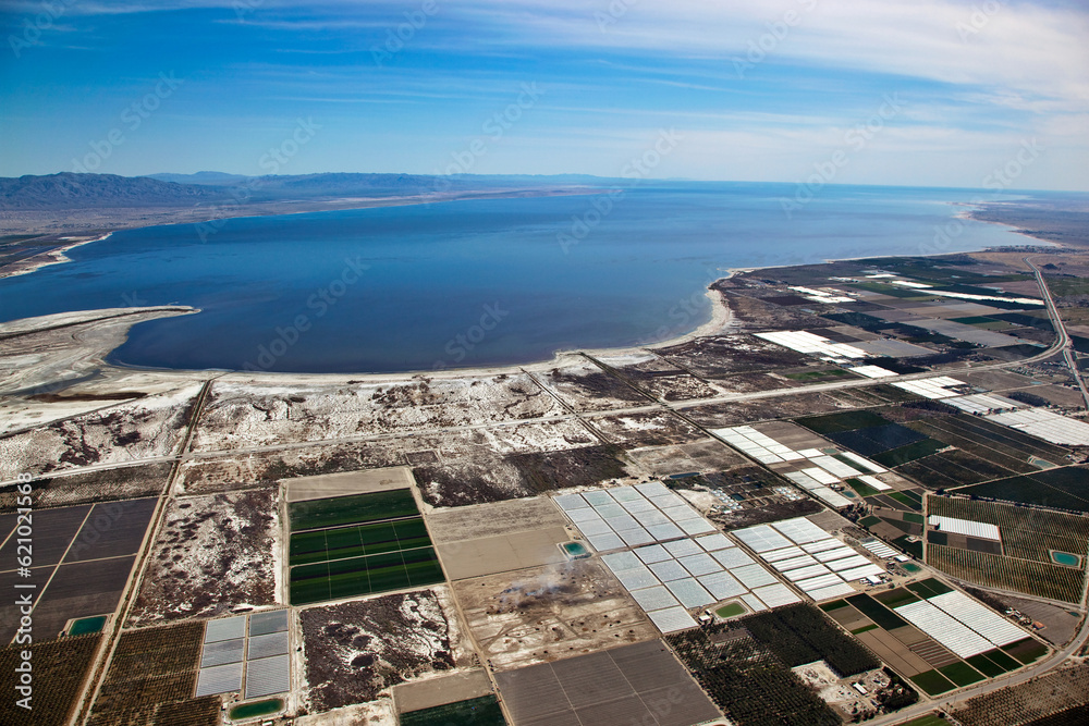 Aerial view of the Salton Sea, California a former recreation destination in the 1960's 