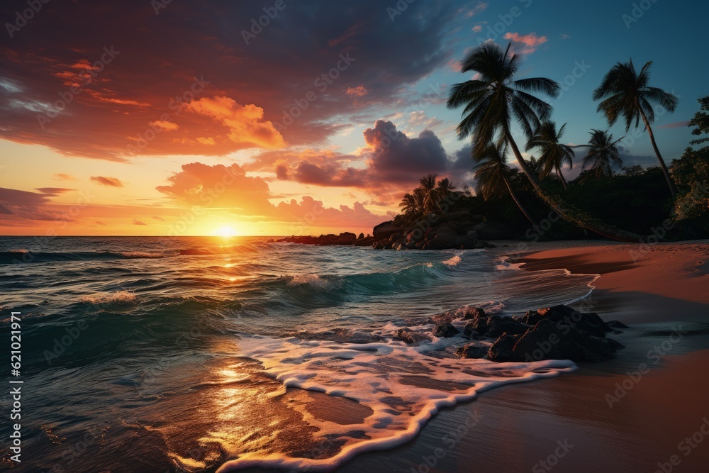 Sandy beach ocean desert island and sunset