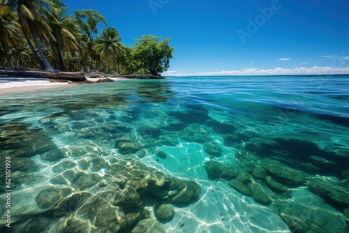 Sandy beach ocean desert island and sunset