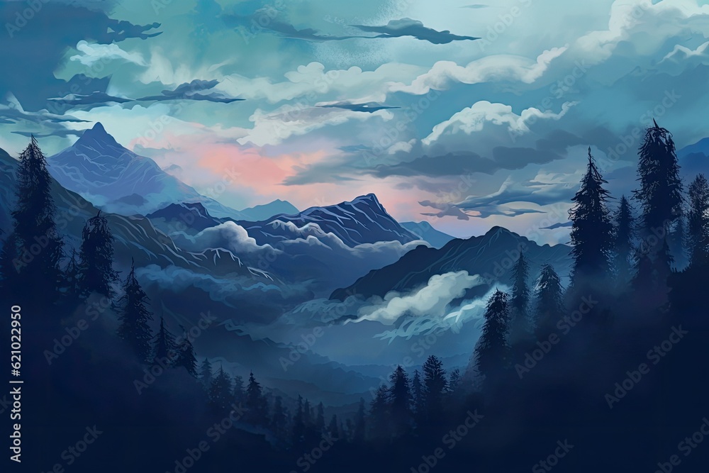 A mountain woodland landscape with clouds in the dusk sky. made using generative AI tools