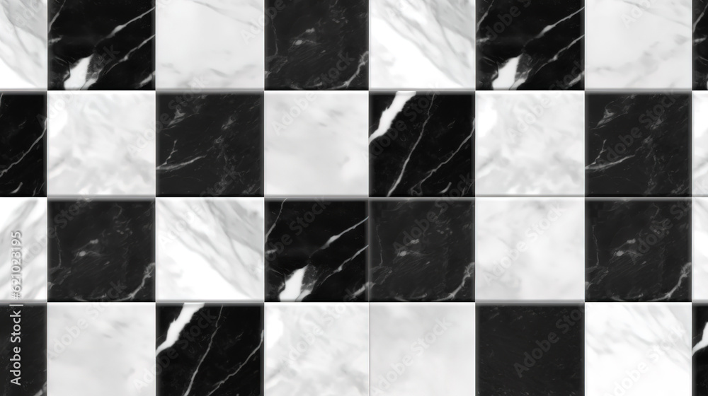 checkered tiles seamless with black and white marble effect. Generative Ai