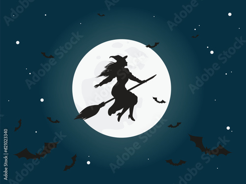 Halloween background with a silhouettes of a witch flying on a broomstick and bats against full moon. Woman with a broom. Vector illustration