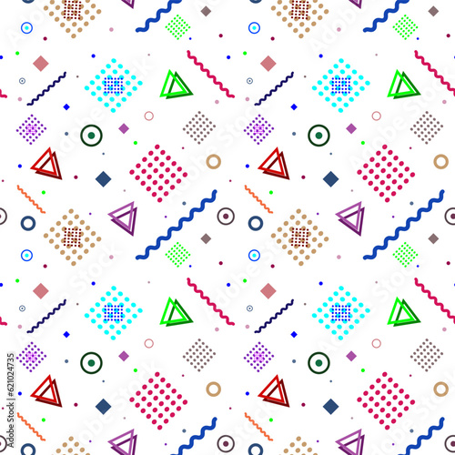 Fototapeta Naklejka Na Ścianę i Meble -  Memphis retro style seamless pattern. Colorful geometric elements of various shapes. Vector illustration. For printing, postcards, broshures, textile, covers.